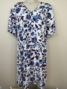 Liz Claiborne Womens White Linen Blend Floral Midi SS V -Neck Dress Sz. 16